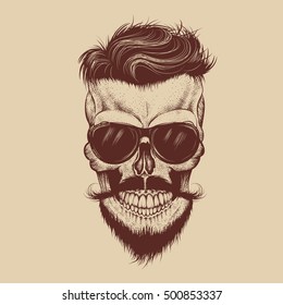 Calavera hipster con gafas de sol, bigote y barba.Estilo de moda.Trabajo dibujado a mano.Ilustración vectorial