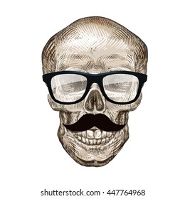 Hipster skull with sunglasses and mustache. Vector illustration