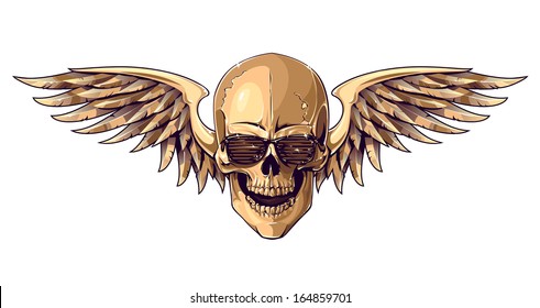 Hipster skull with wings isolated on white. Vector illustration.