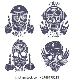 hipster skulls emblems set. Silhouette heads vector isolated illustrations. Brutal bearded faces