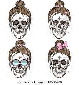 Hipster skulls .Seamless pattern background.Skull set.