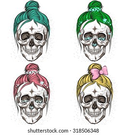 Hipster skulls with .Seamless pattern background.Skull set.