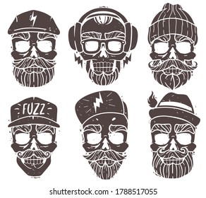 hipster skulls set. Silhouette heads vector isolated illustrations. Brutal bearded faces