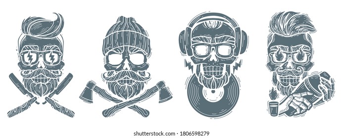 hipster skulls set. Silhouette heads vector isolated illustrations. Brutal bearded faces with accessories of various professions - the bartender, Barber, lumberjack, DJ