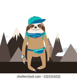 Hipster sloth travels in the mountains. Tourism, nature. Cartoon character traveler. Hiking, trekking, camping. Travel life, life style.