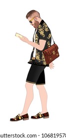 Hipster with smartphone and bag walking - vector illustration