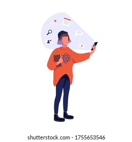 Hipster with smartphone flat color vector faceless character. Generation Z, social media lifestyle. Young woman with mobile phone isolated cartoon illustration for web graphic design and animation
