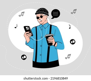Hipster with smartphone. Stylish young guy with mug of hot drink in his hands, coffee or tea. Teenager or student communicates in social networks. Fashion and trend. Cartoon flat vector illustration