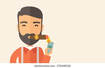 A hipster smiling businessman lighting the cigar tobacco to release pressure from work. Successful business concept.  A Contemporary style with pastel palette, soft beige tinted background. Vector