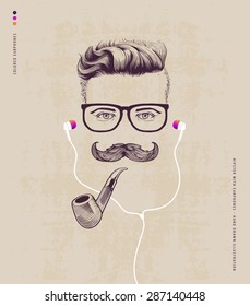 hipster with smoking pipe and earphones