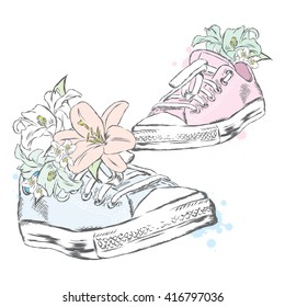 Hipster sneakers and flowers vector. Vector illustration.