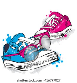 Hipster sneakers with glasses vector. Vector illustration.