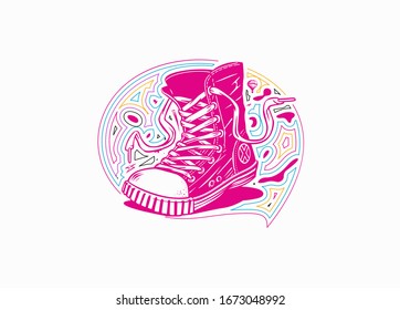 Hipster sneakers in hand drawn flat line art graphic, Vector fashion illustration.