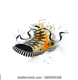 Hipster sneakers in hand drawn graphic, Vector fashion illustration.