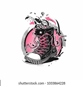 Hipster sneakers in hand drawn graphic, Vector fashion illustration.