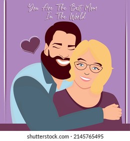 Hipster son hugging his mother Happy mother day template Vector