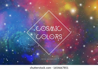 Hipster space background with colorful cosmic light, colors, nebulas, stars and text placeholder.
