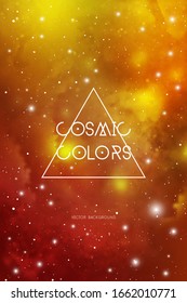 Hipster space background with colorful cosmic star lights and nebulas, with text placeholder.