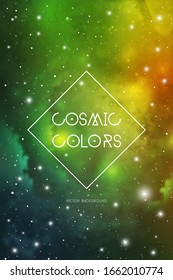 Hipster space background with colorful cosmic star lights and nebulas, with text placeholder.