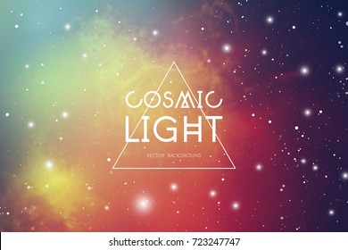 Hipster space background with colorful cosmic light, stars and text placeholder.