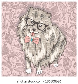 Hipster spitz with glasses and bowtie. Cute puppy illustration for children and kids. Dog background.