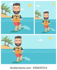 A hipster sportsman wakeboarding on the sea. Wakeboarder making tricks. Man studying wakeboarding. Young man riding wakeboard. Vector flat design illustration. Square, horizontal, vertical layouts.