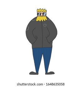Hipster standing with hands in his pockets. Young bearded man wearing in trendy clothes and sunglasses isolated on white background. Vector illustration. 