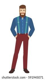Hipster standing with hands in pockets. Full length portrait of hipster in a flat style. Vector illustration.