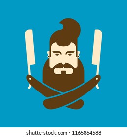 Hipster and straight razor. Beard and  hairstyle. Fashionable head guy. Barbershop symbol. Vector illustration
