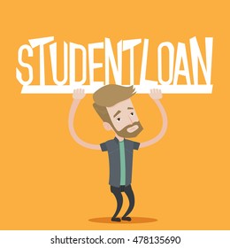 Hipster student with the beard holding a sign of student loan. Young male student carrying heavy sign - student loan. Concept of expensive education. Vector flat design illustration. Square layout.