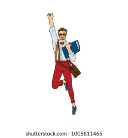 Hipster student boy, young man wearing glasses, bow tie and braces, jumping in victory, sketch vector illustration isolated on white background. Hipster college, university student jumping happily