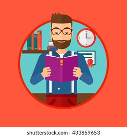 A hipster student reading a book. Student reading book and preparing for exam. Student studying at home. Education concept. Vector flat design illustration in the circle isolated on background.