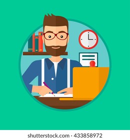 A hipster student sitting at the desk with laptop. Student using laptop at home and writing notes. Student working on laptop. Vector flat design illustration in the circle isolated on background.