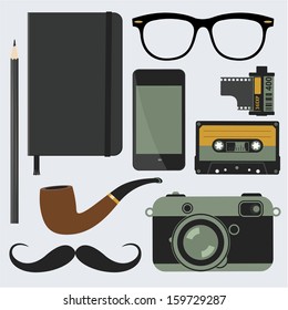 Hipster style accessory. Vector design element set.