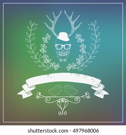Hipster Style Banner with Blurred Background. Blurred Sky. Decorative Branches, Ribbon, Horns, Gentleman. Vector Illustration