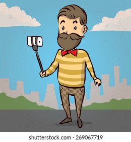 Hipster style bearded man taking selfie with selfie stick. Hand drawn cartoon vector illustration.