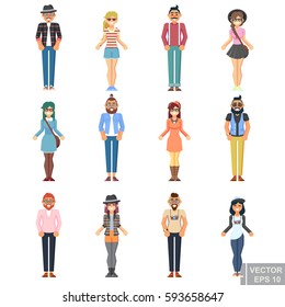 Hipster style bearded man young woman, character set avatar flat collection Geek pack guys girls set isolated vector illustration eps10