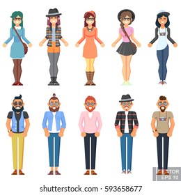 Hipster style bearded man young woman, character set avatar flat collection Geek pack guys girls set isolated vector illustration eps10