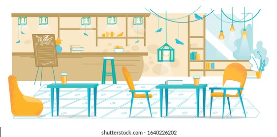Hipster Style Cafe Interior Design. Comfortable Seats for Snack and Rest. Tables, Chair, Stool, Armchair. Bar Counter and Menu Dashboard. Chandelier with Birds Decoration. Cartoon Vector Illustration
