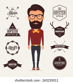 Hipster Style Character with Trendy Typographic Design Elements - Illustration of a typical bearded Hipster with full outfit wearing a red shirt, orange bow and dark trousers on a light background