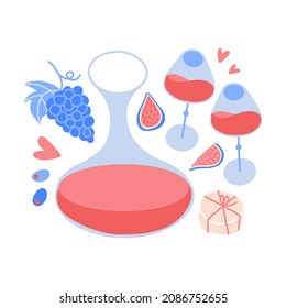Concepto de color hipster. Una vida quieta con dos copas de vino, un detergente y aperitivos de fruta y queso. Anuncios a la carta, afiche, tarjeta o pegatina en el bar restaurante. Ilustración vectorial dibujada a mano plana.