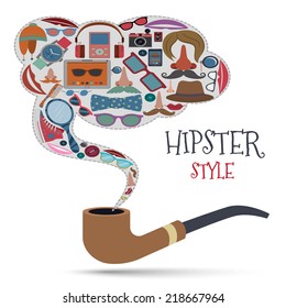 Hipster style concept with geek urban fashion elements and accessories icons in smoking pipe vector illustration