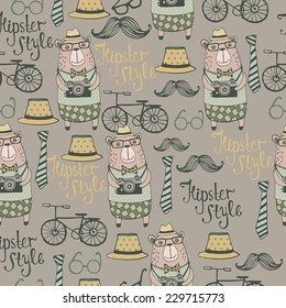 Hipster Style with cute bear. Seamless Background.