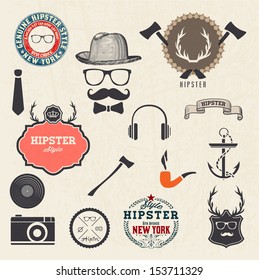 Hipster style design elements and icons set. Sunglasses, mustache, bow, anchor, hat, camera. Vector illustration. Organized in layers.