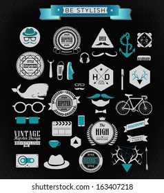 Hipster style elements, icons and labels can be used for retro vintage website, info-graphics, banner 