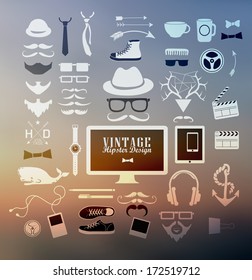 Hipster style elements, icons and labels on blur background can be used for  retro vintage  website
