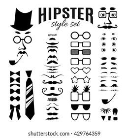 Hipster style elements and icons set for retro design. Hipster construction with collection of eyes, eyebrows, moustaches, glasses, beards, bow ties, a tie and a pipe. Vector hipster illustration