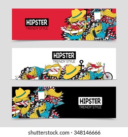 Hipster style fashion trends 3 interactive horizontal banners with white red and black background abstract vector illustration