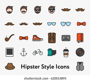 Hipster Style Flat Color Line Stroke Icon Pictogram Symbol Illustration Set Collection. Mustache, Sunglasses, Sneaker, Bow Tie, Backpack, Coffee, Vinyl, Hat, Waistcoat, Bicycle.