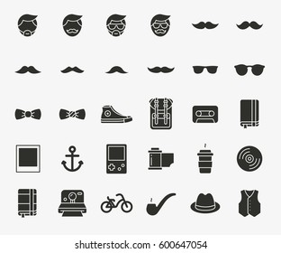 Hipster Style Flat Line Stroke Icon Pictogram Symbol Illustration Set Collection. Mustache, Sunglasses, Sneaker, Bow Tie, Backpack, Coffee, Vinyl, Camera, Hat, Waistcoat, Bicycle.